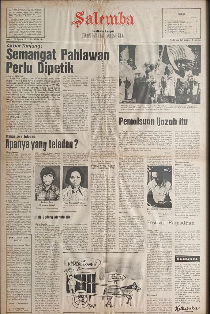 Salah satu edisi Surat Kabar Kampus Koran Salemba koleksi Bapak Hidayatul Manan (Foto: Dok. Arsip UI)